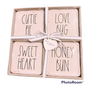 NWT Rae Dunn CUTIE PIE/LOVE BUG/SWEET HEART/HONEY BUN Coaster Set